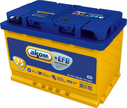 Автомобильный аккумулятор АКОМ EFB Евро 0(R+), 75 А·ч, Аккумуляторы - фото в магазине СарЗИП