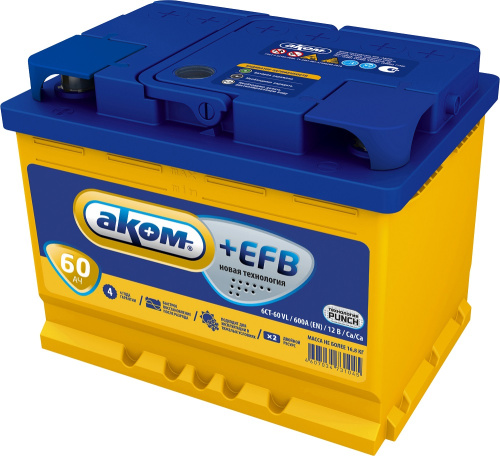 Автомобильный аккумулятор АКОМ EFB Евро 0(R+), 60 А·ч, Аккумуляторы - фото в магазине СарЗИП